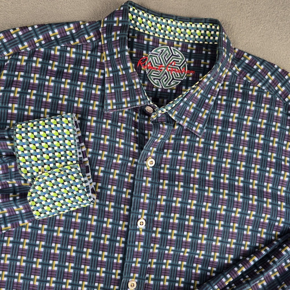Robert Graham Shirt Mens 2XL Purple Geometric Long Sleeve Cotton Contrast Cuffs